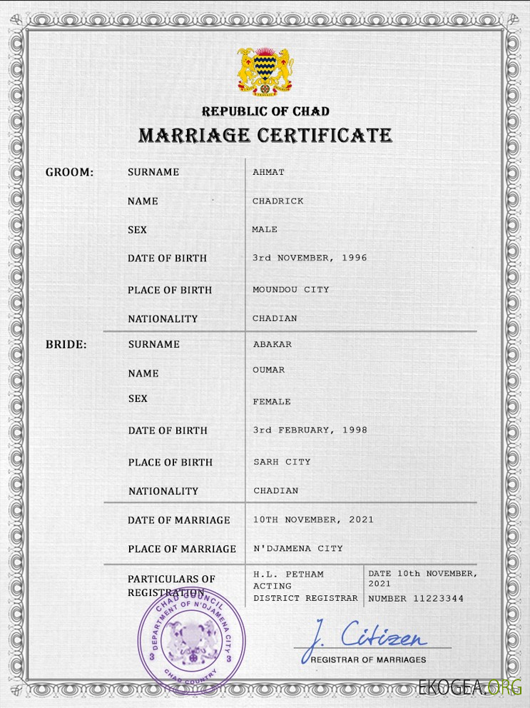 Modèle PSD de certificat de mariage au Tchad